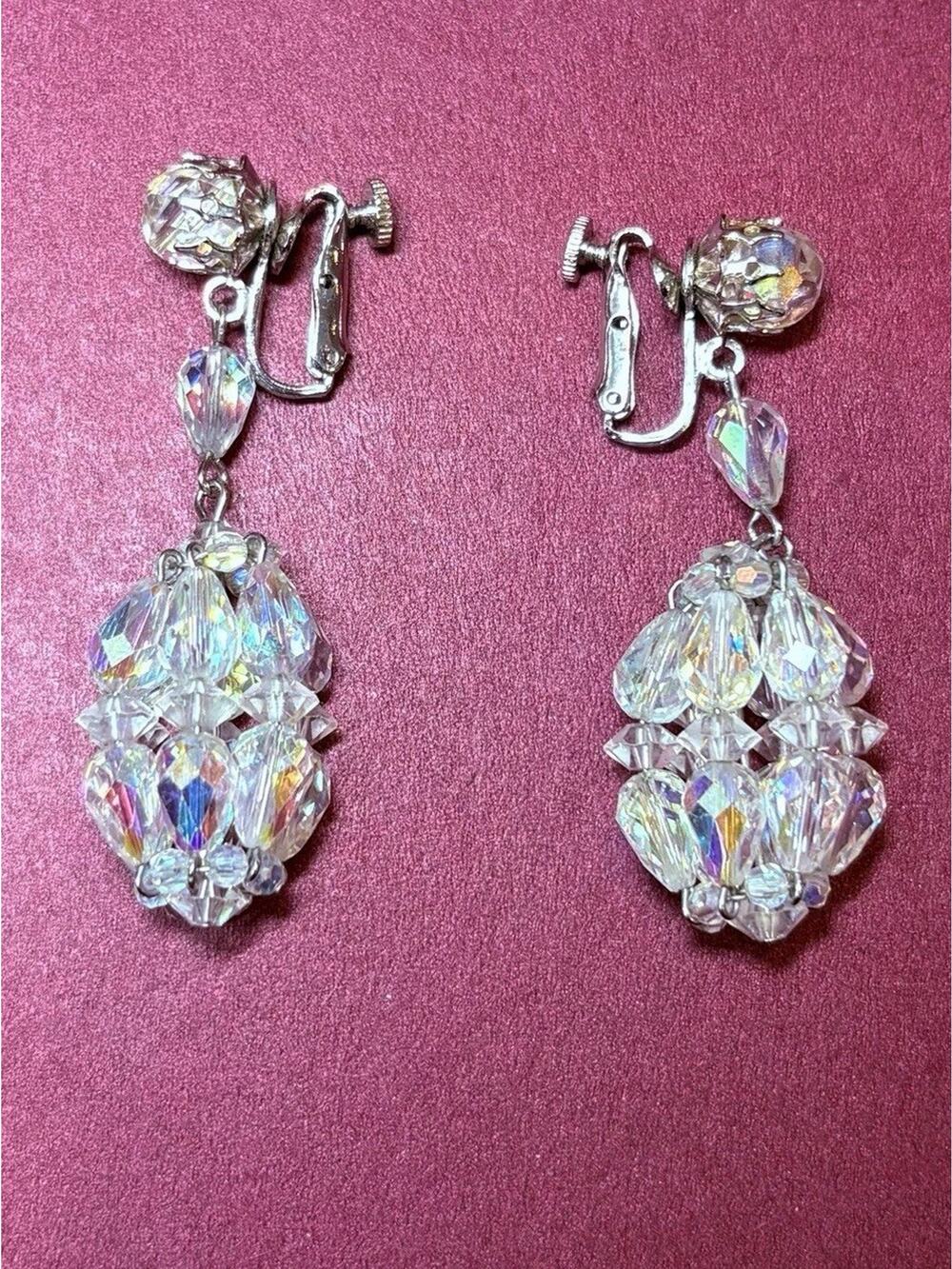 Vintage VENDOME AB Crystal Bead Dangle Earrings Signed Clip On Mcm Mid Century